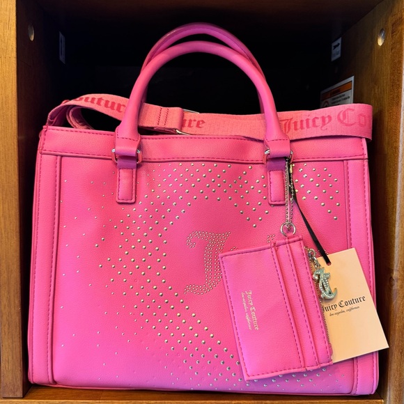 Juicy Couture Vibrant Pink Tote Crossbody w/ Card Holder Gold Stud Accents BNWT - Picture 1 of 12